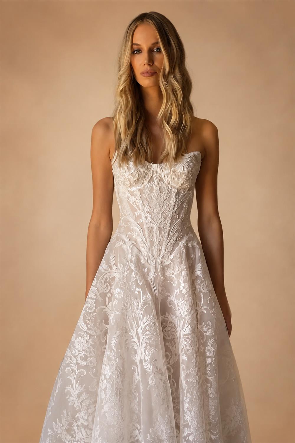 Vintage White Strapless Lace A-Line Wedding Dress with Scalloped Train ZP092