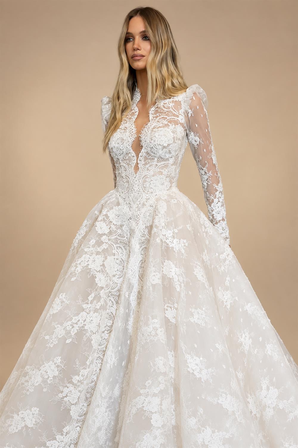 Luxury White High Neck Sequin Long Sleeve Lace A-Line Wedding Dress ZP094