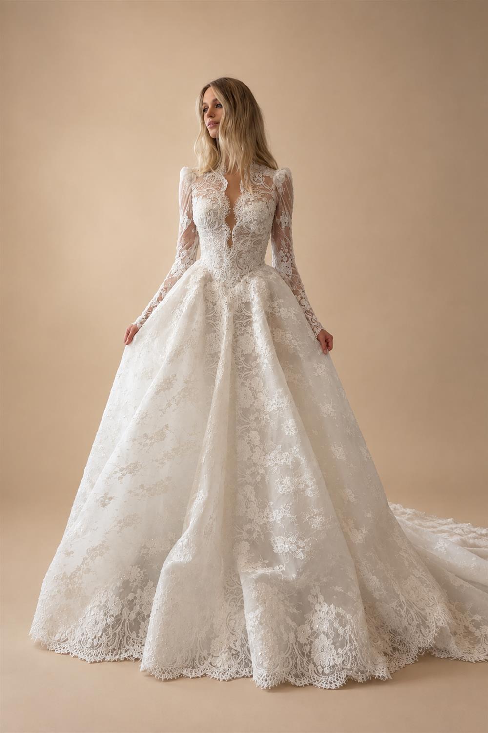 Luxury White High Neck Sequin Long Sleeve Lace A-Line Wedding Dress ZP094