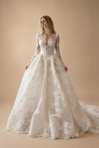 Luxury White High Neck Sequin Long Sleeve Lace A-Line Wedding Dress ZP094