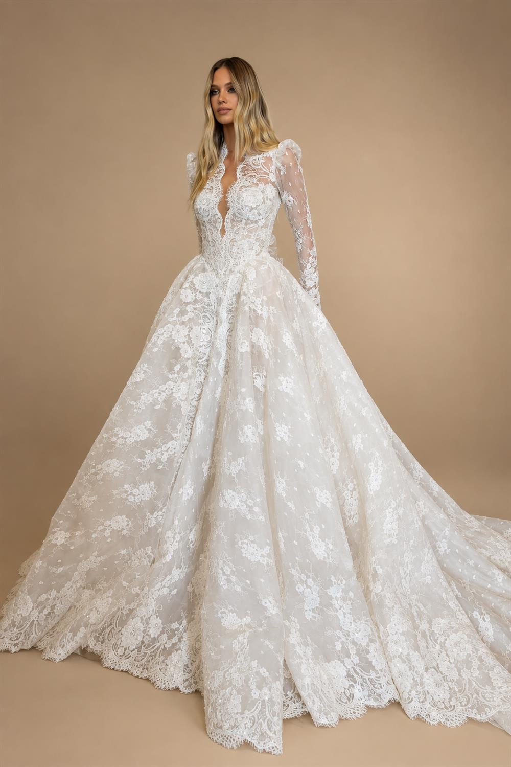 Luxury White High Neck Sequin Long Sleeve Lace A-Line Wedding Dress ZP094