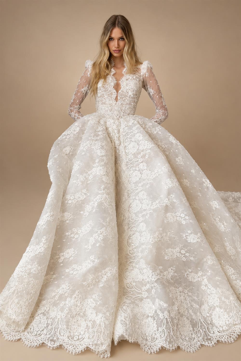 Luxury White High Neck Sequin Long Sleeve Lace A-Line Wedding Dress ZP094