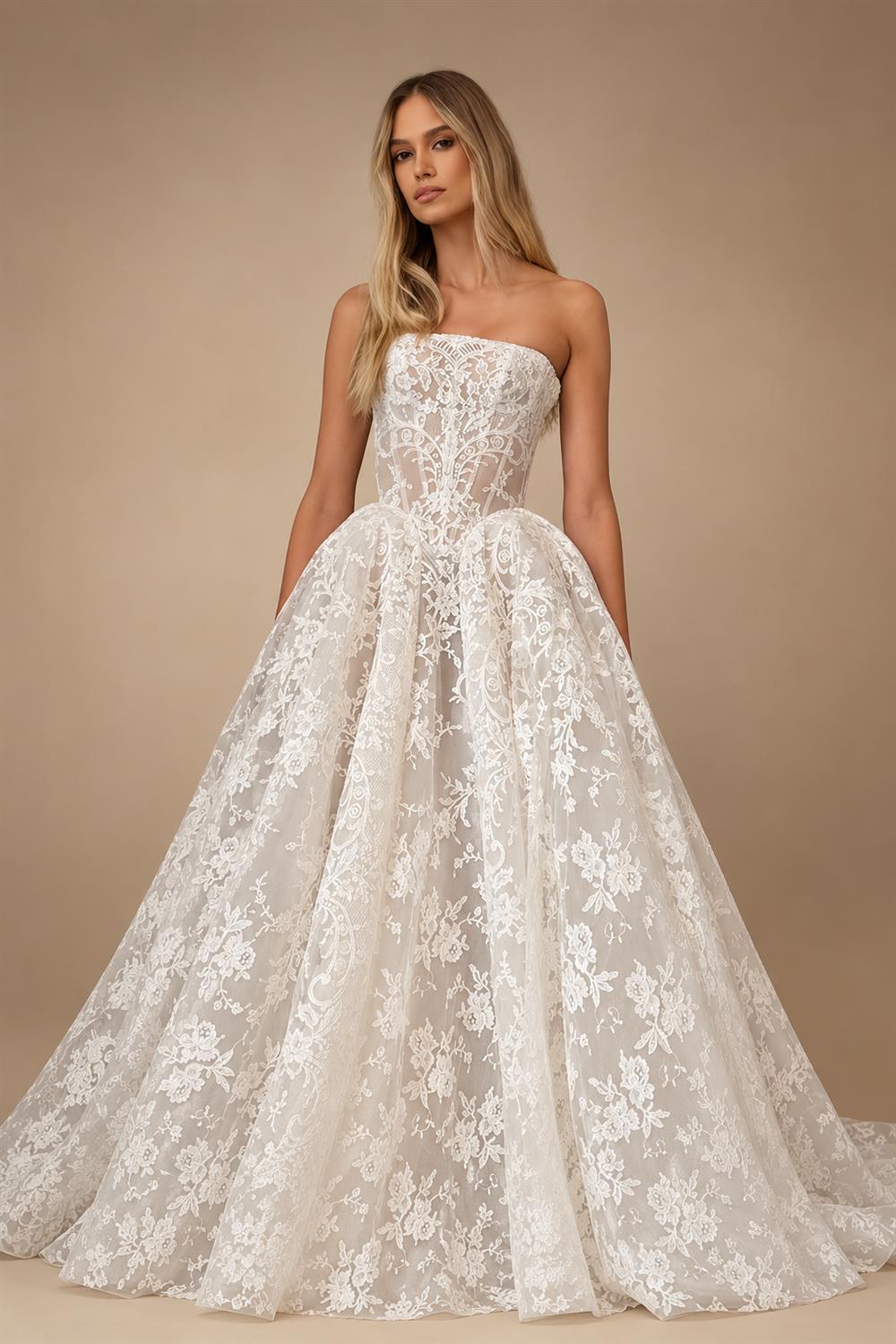 Glamorous White Strapless Floral Lace Wedding Dress with Veil ZP095