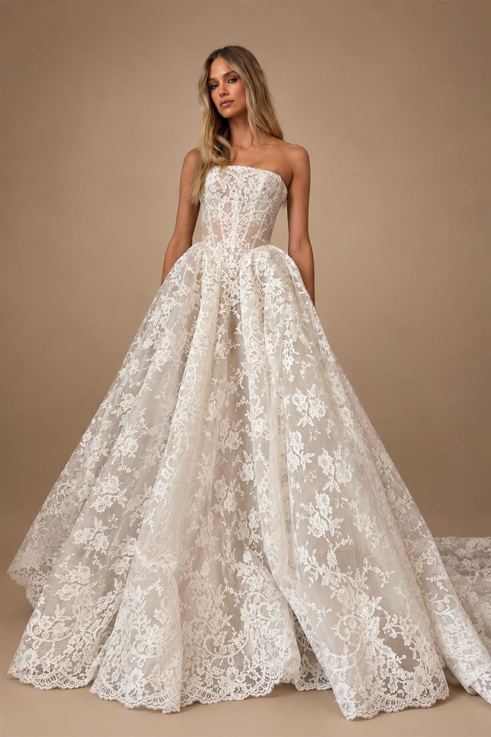 Glamorous White Strapless Floral Lace Wedding Dress with Veil ZP095