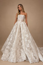 Glamorous White Strapless Floral Lace Wedding Dress with Veil ZP095
