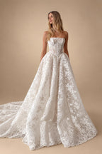 Glamorous White Strapless Floral Lace Wedding Dress with Veil ZP095