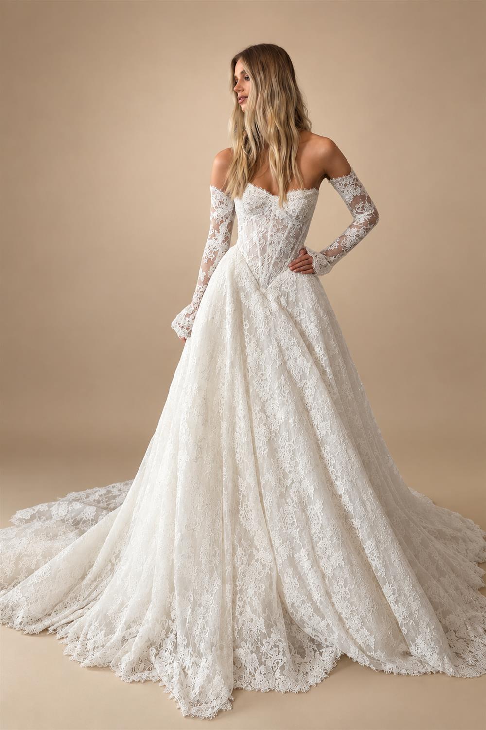 Elegant White Off-the-Shoulder Long Sleeve Lace Corset Wedding Dress ZP096