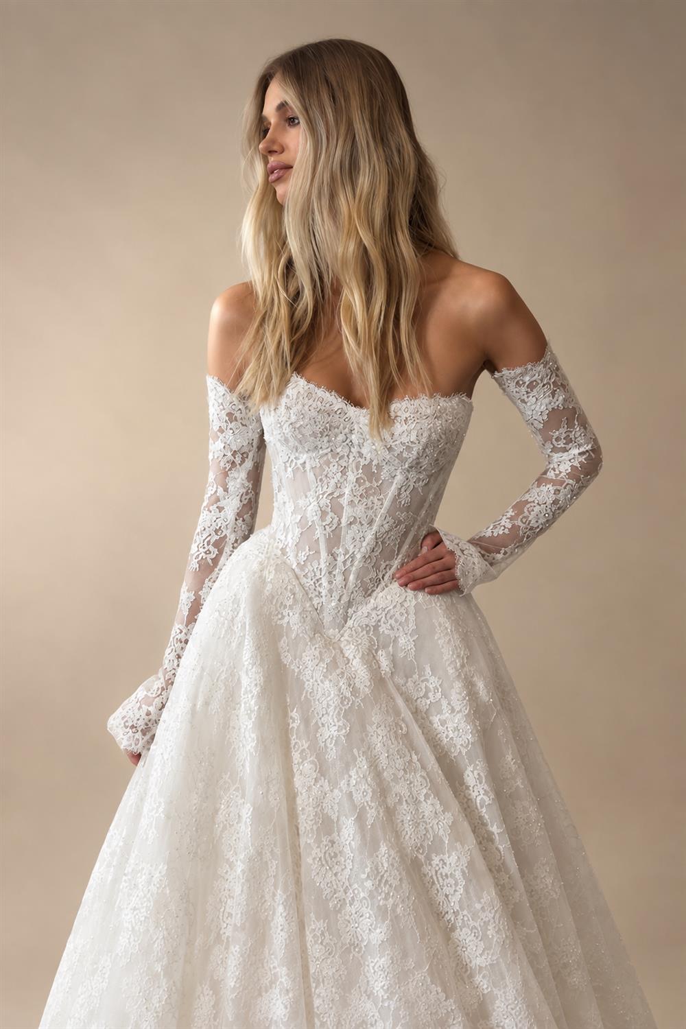 Elegant White Off-the-Shoulder Long Sleeve Lace Corset Wedding Dress ZP096