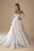 Elegant White Off-the-Shoulder Long Sleeve Lace Corset Wedding Dress ZP096