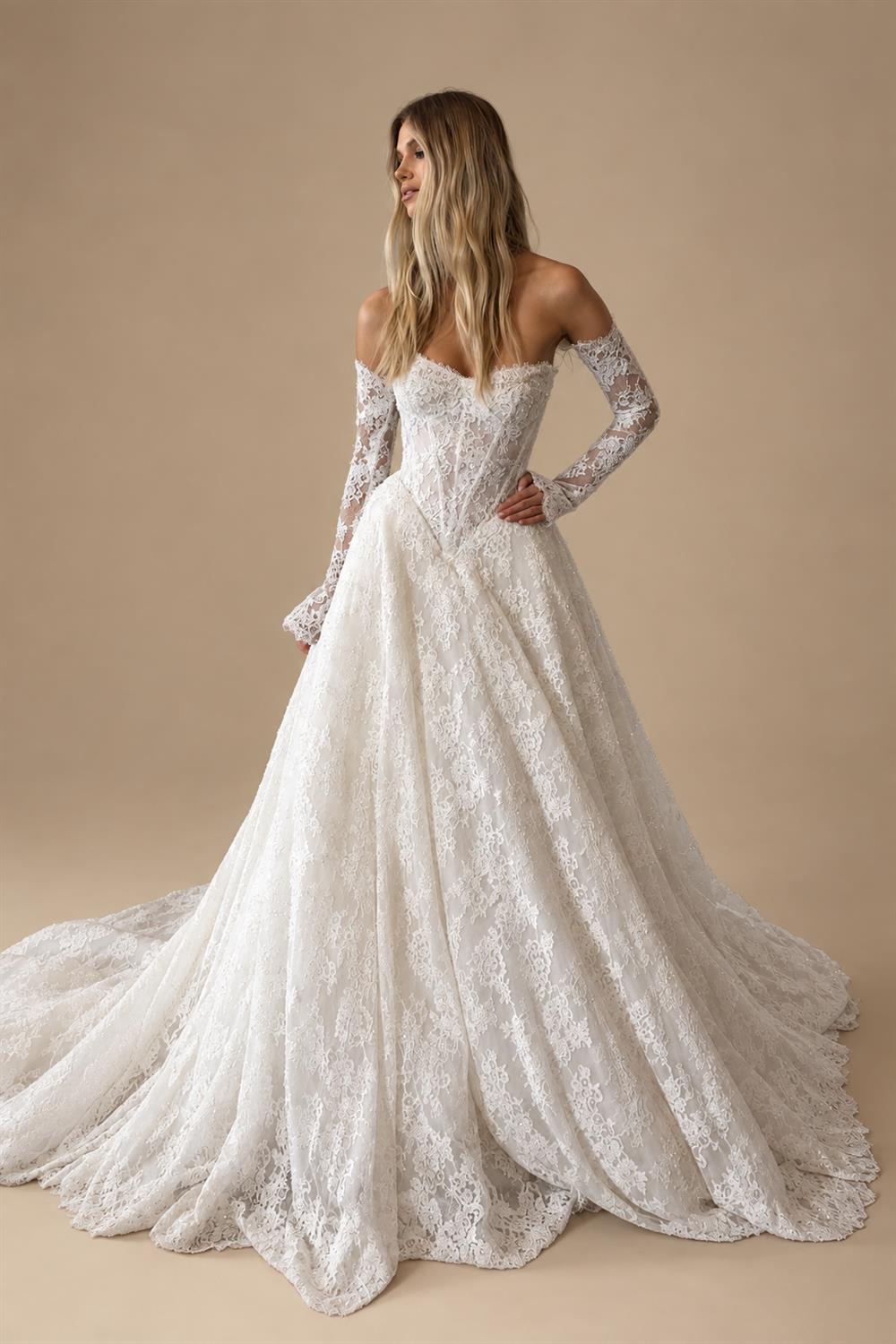 Elegant White Off-the-Shoulder Long Sleeve Lace Corset Wedding Dress ZP096