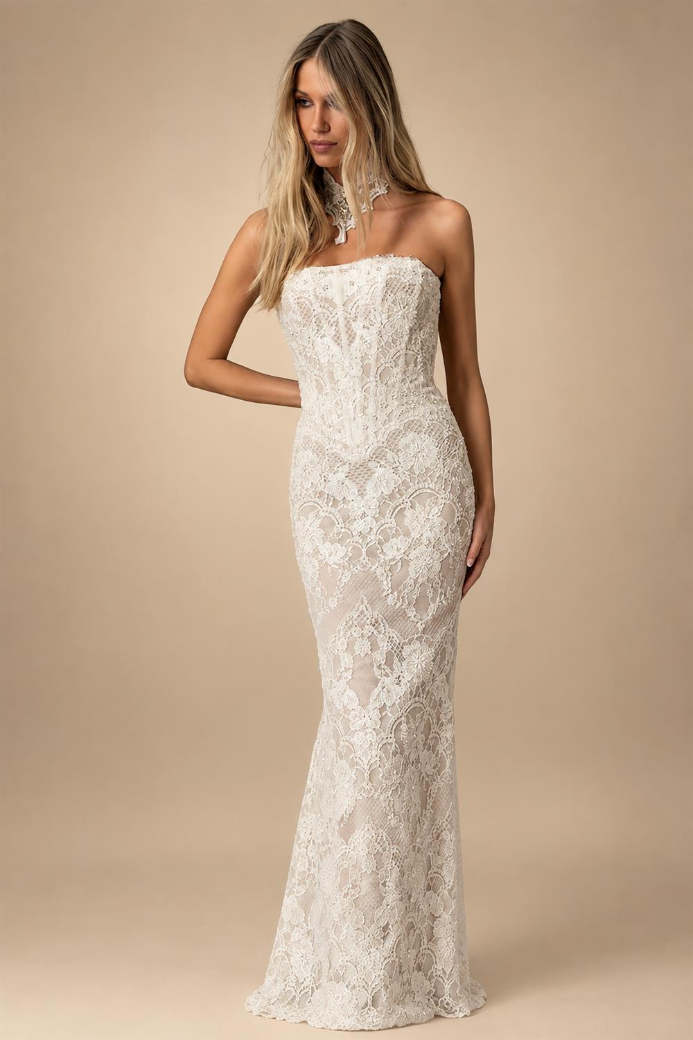 Luxury Ivory Strapless Lace Printed Mermaid Wedding Dress ZP098