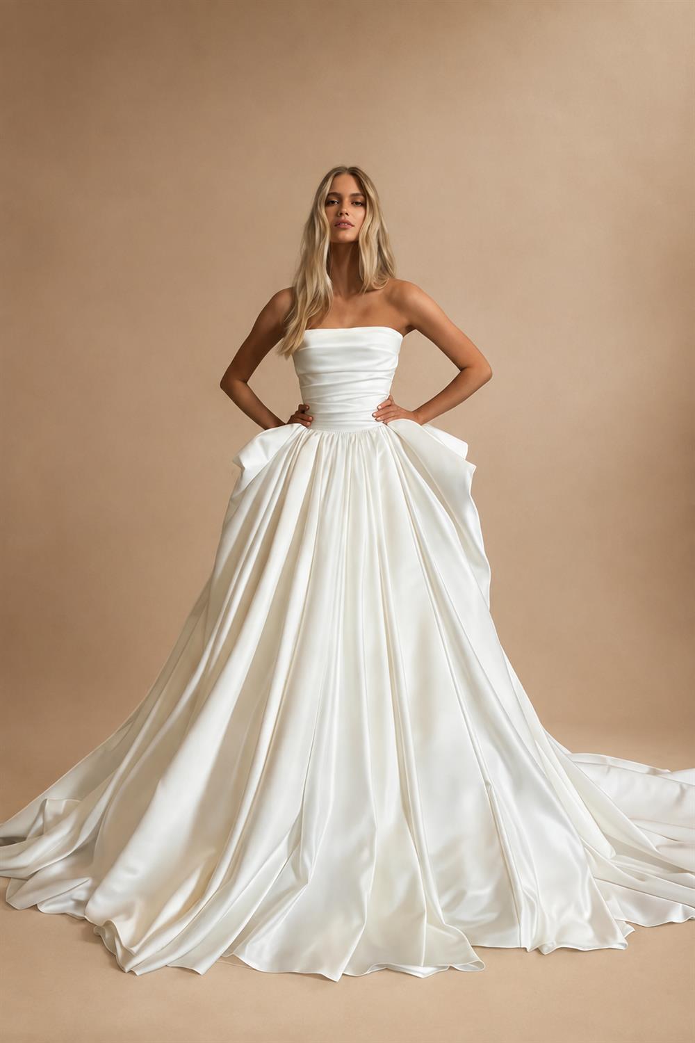 Luxury White Strapless Ruched Satin Ball Gown Wedding Dress ZP099