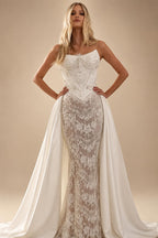Elegant Ivory Strapless Beaded Corset Lace Mermaid Wedding Dress with Overskirt ZP101