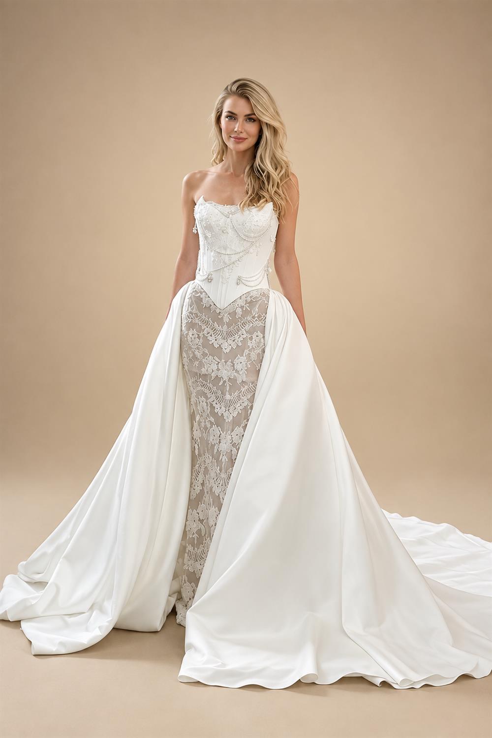Elegant Ivory Strapless Beaded Corset Lace Mermaid Wedding Dress with Overskirt ZP101