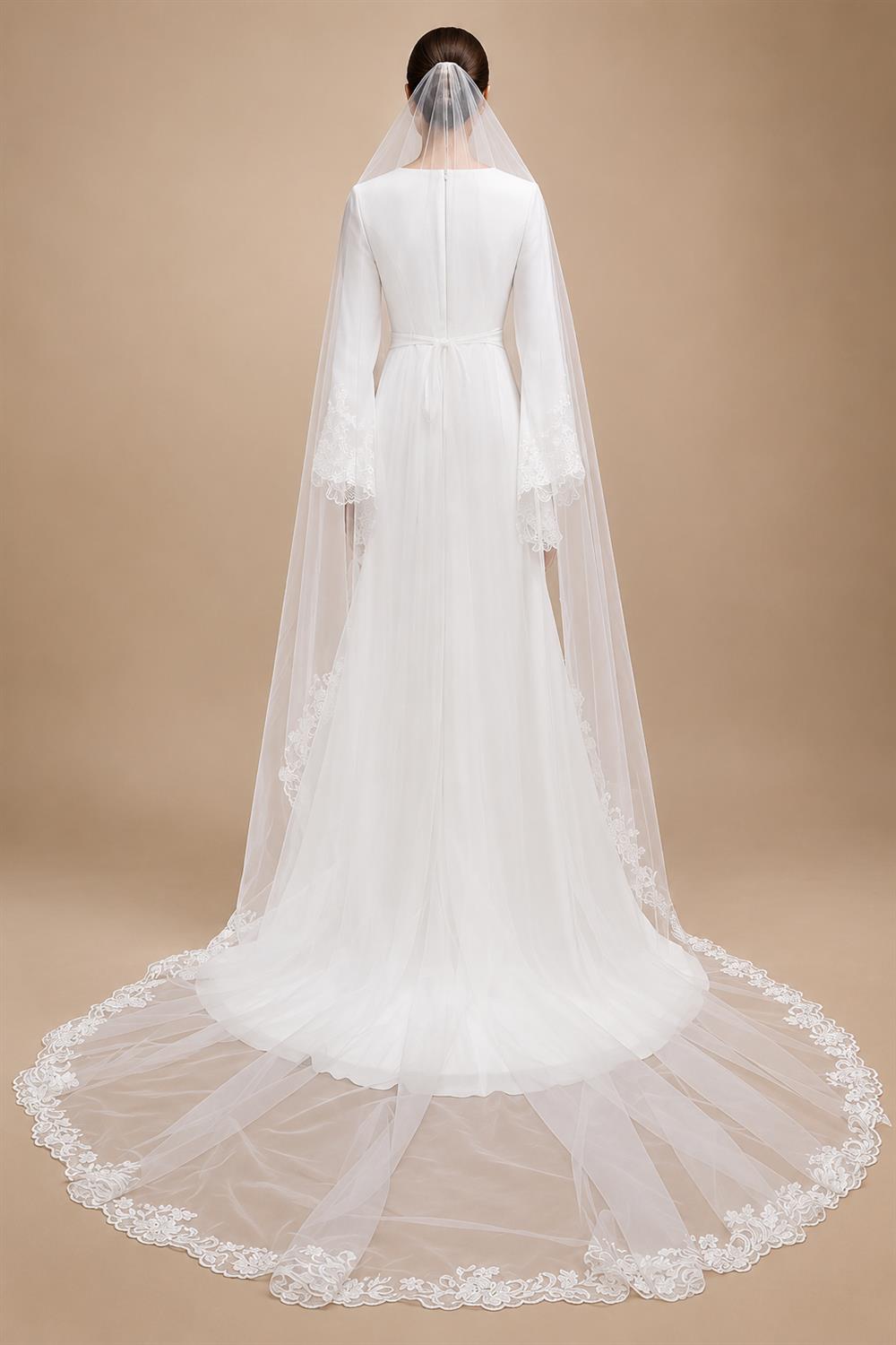 Elegant White Pearl High Neck Long Sleeve Wedding Dress with Veil ZP102