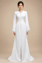 Elegant White Pearl High Neck Long Sleeve Wedding Dress with Veil ZP102