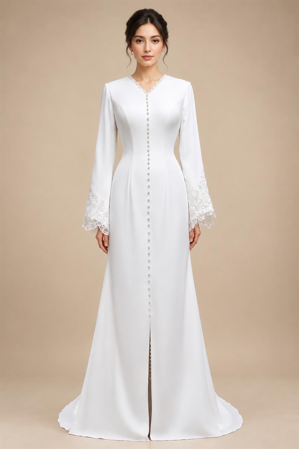 Elegant White Pearl High Neck Long Sleeve Wedding Dress with Veil ZP102