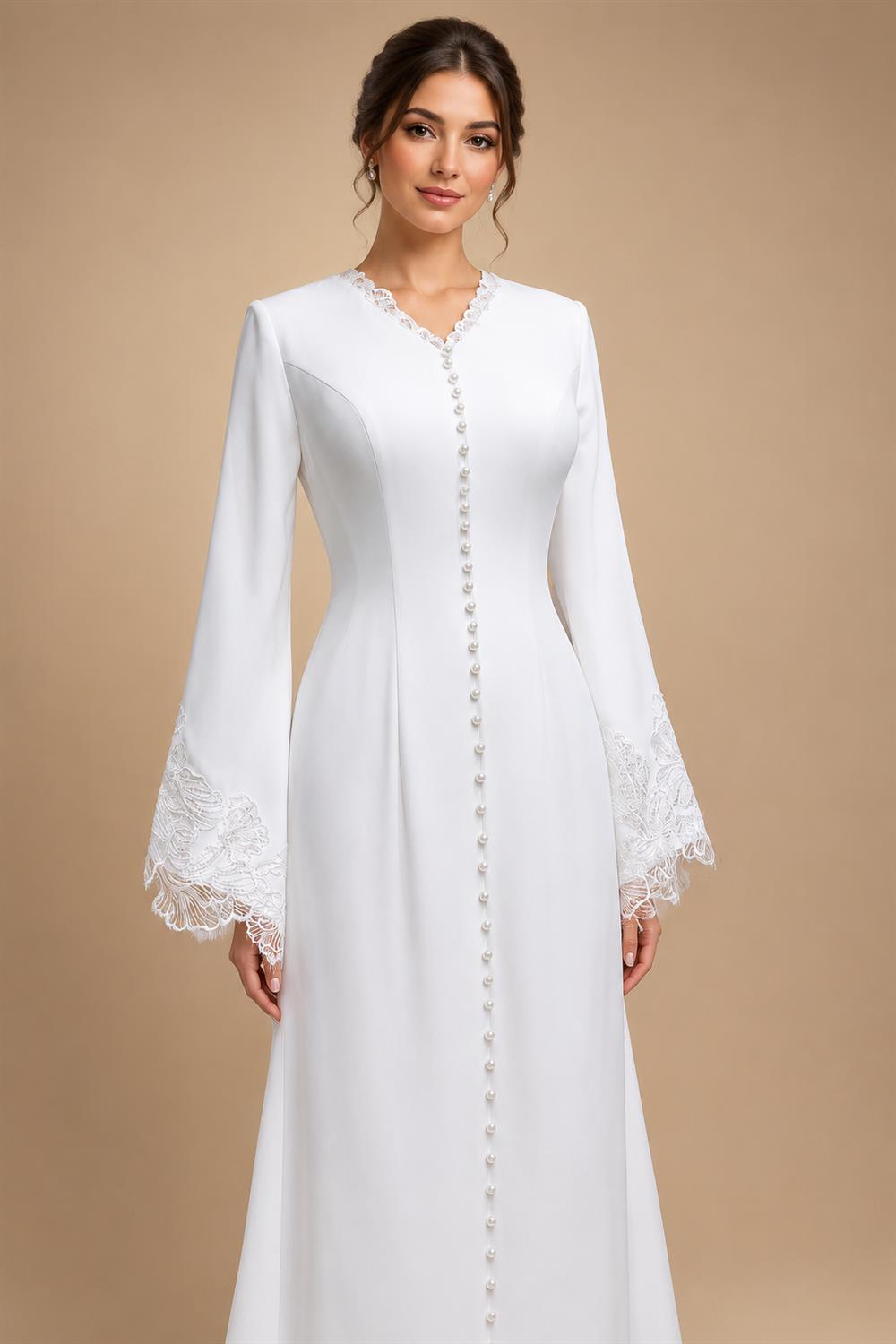 Elegant White Pearl High Neck Long Sleeve Wedding Dress with Veil ZP102