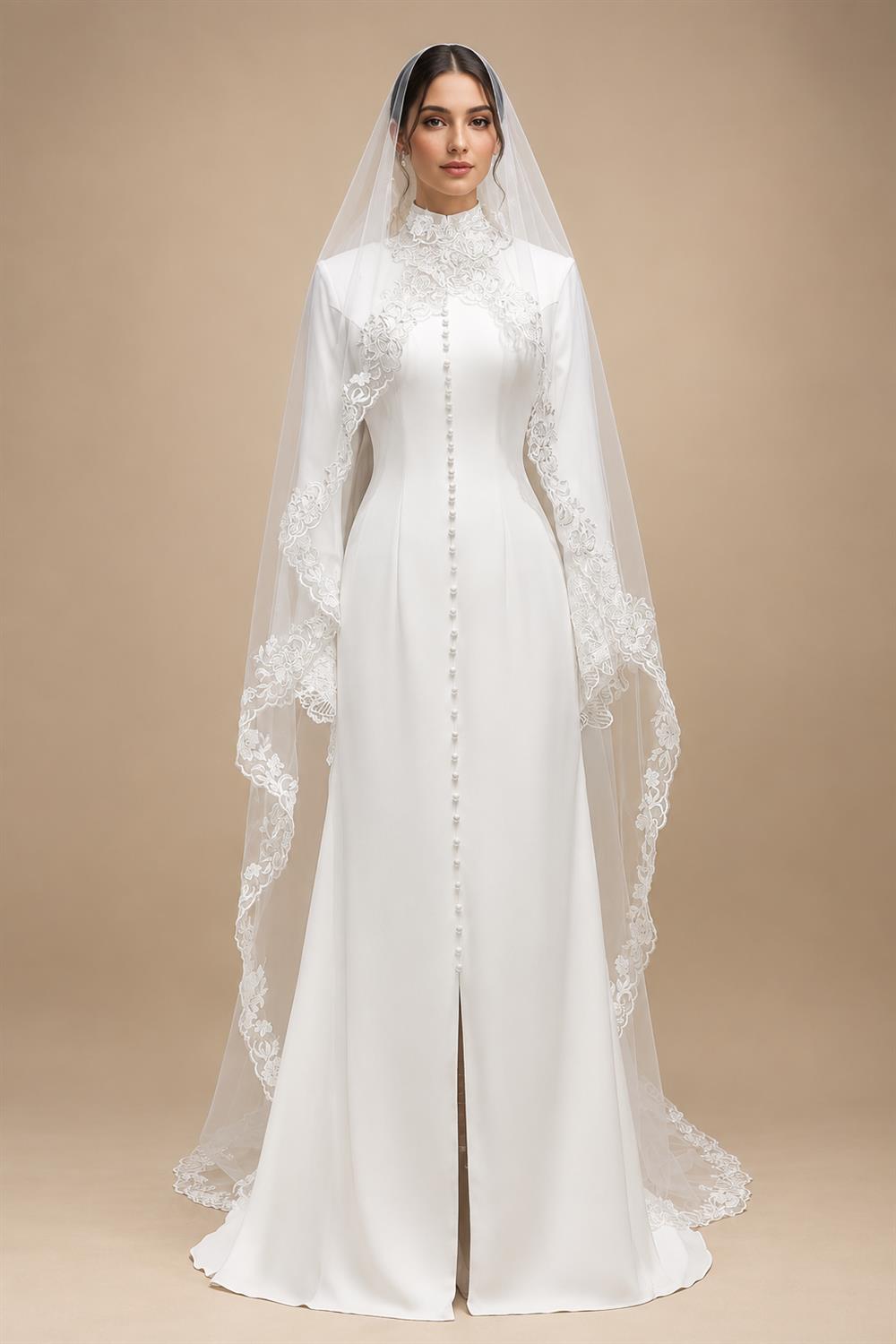 Elegant White Pearl High Neck Long Sleeve Wedding Dress with Veil ZP102