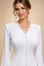 Elegant White Pearl High Neck Long Sleeve Wedding Dress with Veil ZP102
