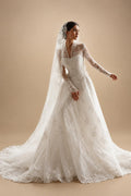 Timeless White Lace V-Neck Long Sleeve Wedding Dress with Cathedral Veil ZP104