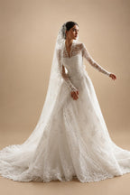 Timeless White Lace V-Neck Long Sleeve Wedding Dress with Cathedral Veil ZP104