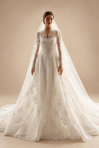 Timeless White Lace V-Neck Long Sleeve Wedding Dress with Cathedral Veil ZP104