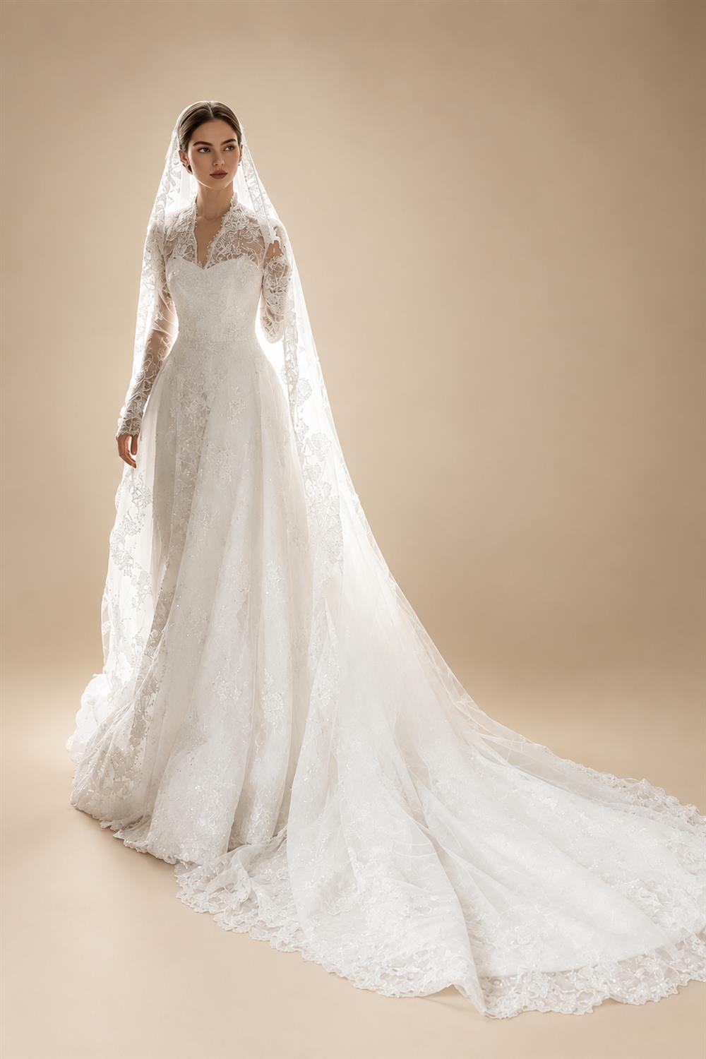 Timeless White Lace V-Neck Long Sleeve Wedding Dress with Cathedral Veil ZP104