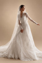 Timeless White Lace V-Neck Long Sleeve Wedding Dress with Cathedral Veil ZP104