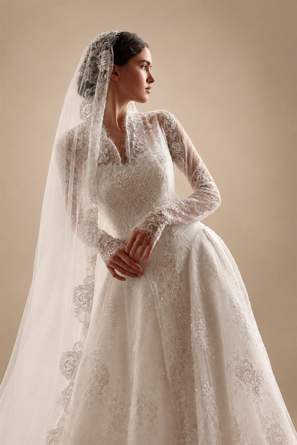 Timeless White Lace V-Neck Long Sleeve Wedding Dress with Cathedral Veil ZP104
