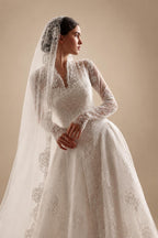 Timeless White Lace V-Neck Long Sleeve Wedding Dress with Cathedral Veil ZP104