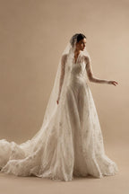 Timeless White Lace V-Neck Long Sleeve Wedding Dress with Cathedral Veil ZP104