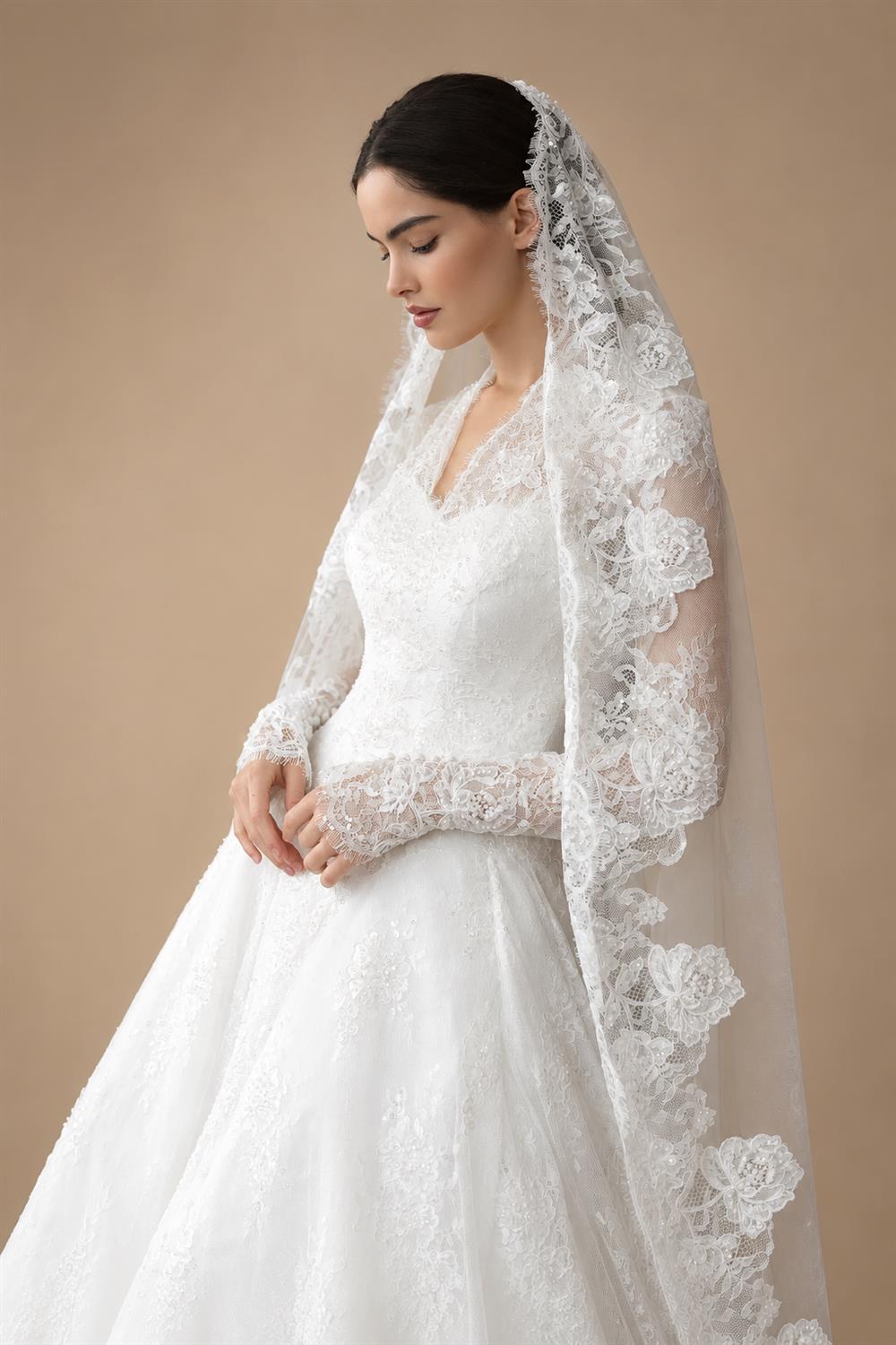 Timeless White Lace V-Neck Long Sleeve Wedding Dress with Cathedral Veil ZP104