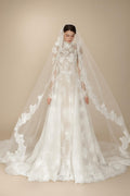 Regal Ivory Lace High Neck Long Sleeve Wedding Dress with Cathedral Veil ZP105
