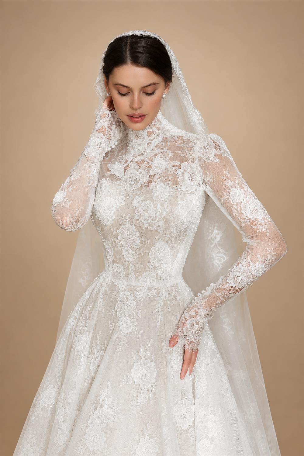 Regal Ivory Lace High Neck Long Sleeve Wedding Dress with Cathedral Veil ZP105