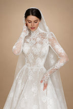 Regal Ivory Lace High Neck Long Sleeve Wedding Dress with Cathedral Veil ZP105