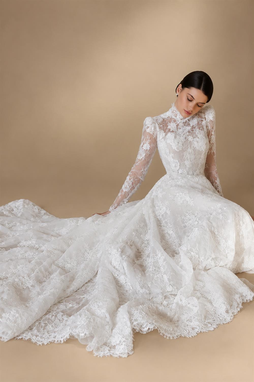 Regal Ivory Lace High Neck Long Sleeve Wedding Dress with Cathedral Veil ZP105