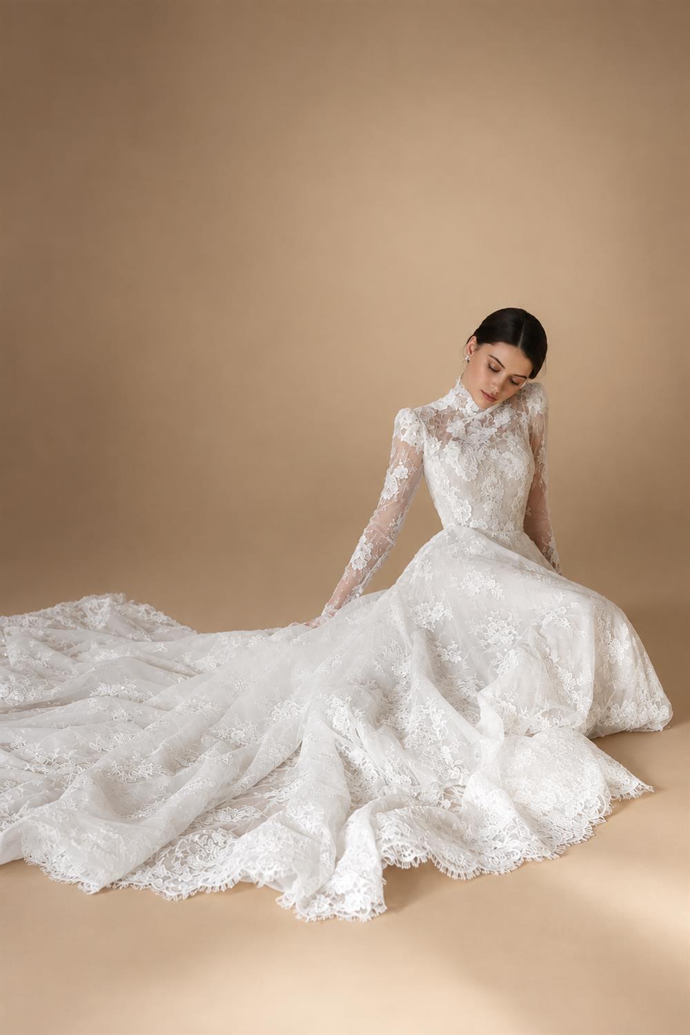 Regal Ivory Lace High Neck Long Sleeve Wedding Dress with Cathedral Veil ZP105