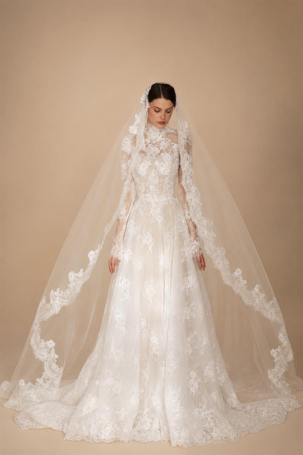 Regal Ivory Lace High Neck Long Sleeve Wedding Dress with Cathedral Veil ZP105