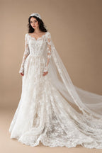 Whimsical Ivory Lace V-Neck Long Sleeve Wedding Dress with Veil ZP106