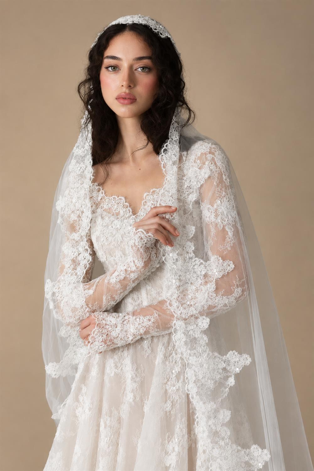 Whimsical Ivory Lace V-Neck Long Sleeve Wedding Dress with Veil ZP106