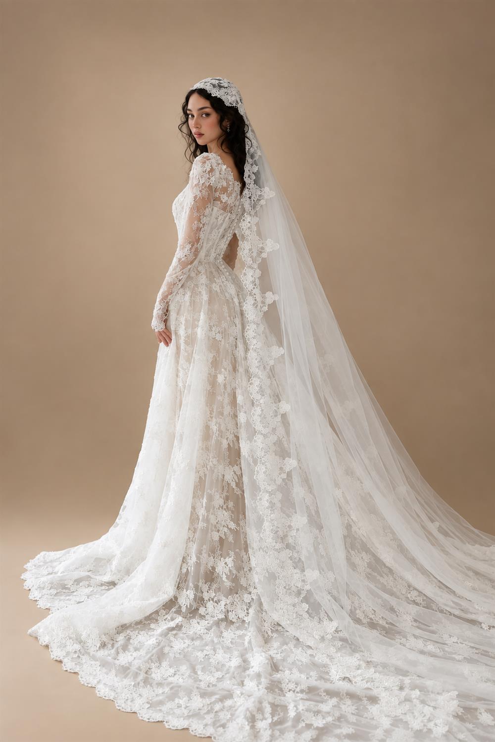 Whimsical Ivory Lace V-Neck Long Sleeve Wedding Dress with Veil ZP106