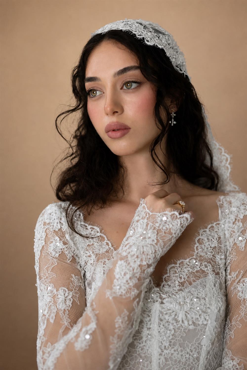 Whimsical Ivory Lace V-Neck Long Sleeve Wedding Dress with Veil ZP106