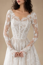 Whimsical Ivory Lace V-Neck Long Sleeve Wedding Dress with Veil ZP106