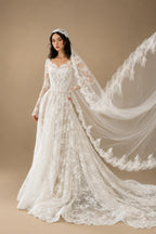 Whimsical Ivory Lace V-Neck Long Sleeve Wedding Dress with Veil ZP106