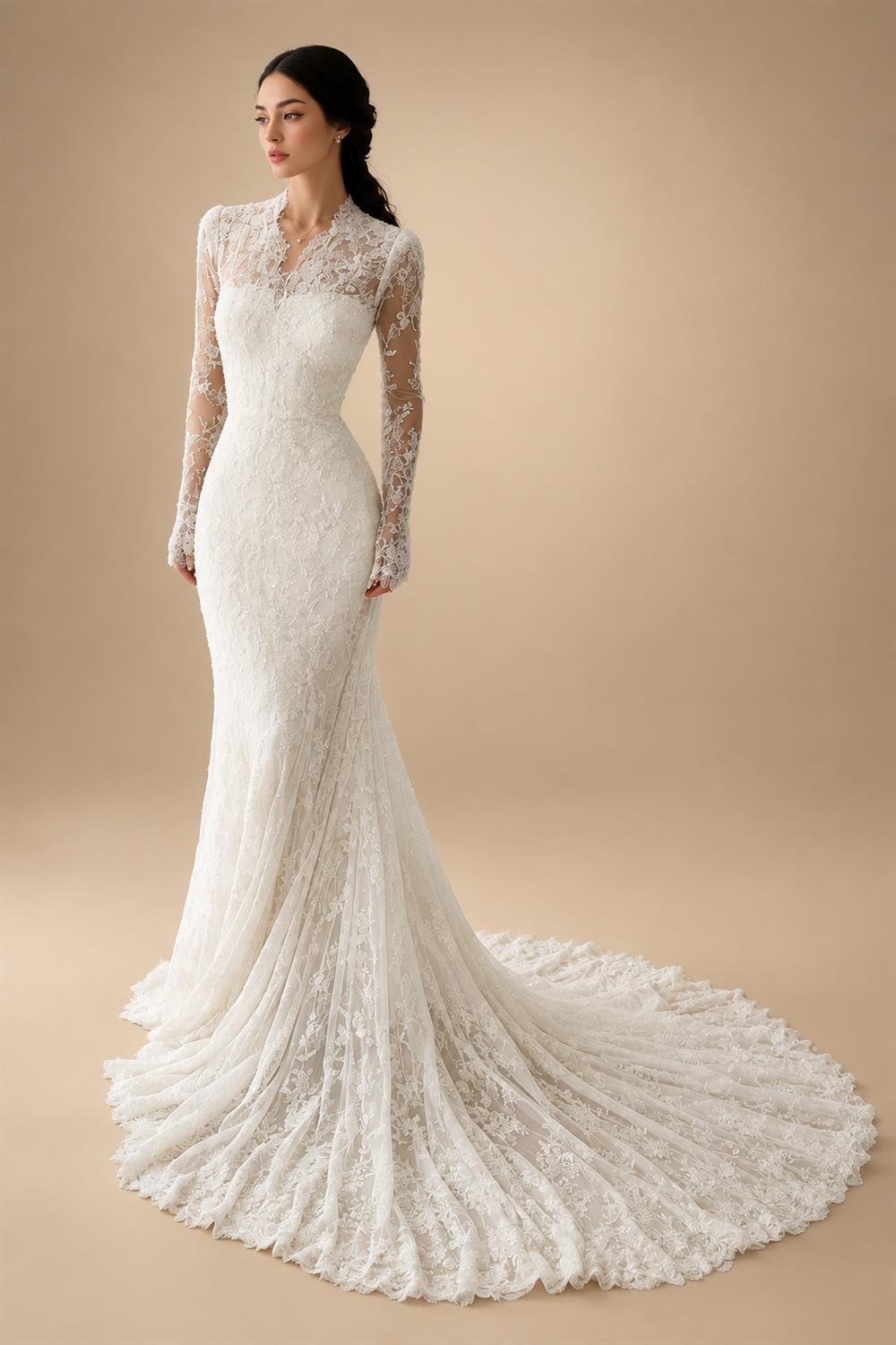 Elegant Ivory Lace High Neck Long Sleeve Train Mermaid Wedding Dress with Veil ZP108