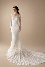 Elegant Ivory Lace High Neck Long Sleeve Train Mermaid Wedding Dress with Veil ZP108