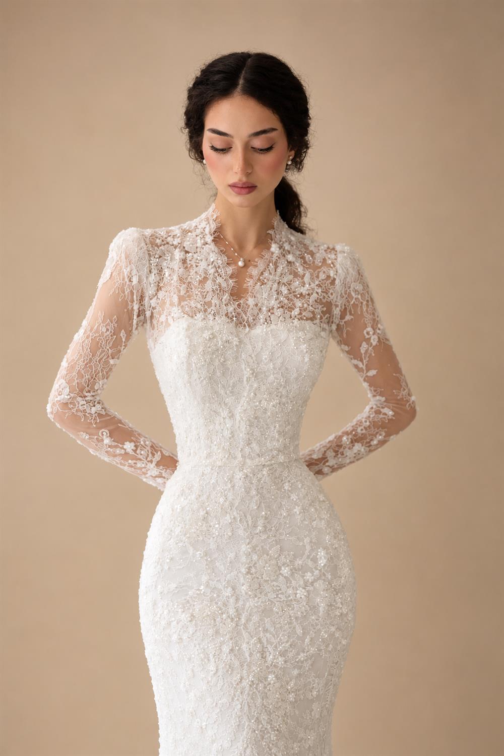 Elegant Ivory Lace High Neck Long Sleeve Train Mermaid Wedding Dress with Veil ZP108