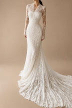 Elegant Ivory Lace High Neck Long Sleeve Train Mermaid Wedding Dress with Veil ZP108