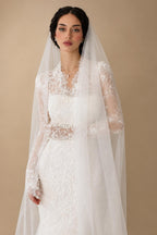 Elegant Ivory Lace High Neck Long Sleeve Train Mermaid Wedding Dress with Veil ZP108